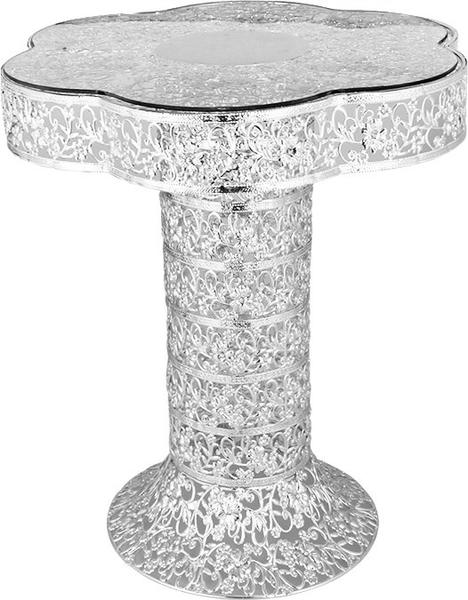 Dekonaz Metal İşlemeli Cam Sehpa Masa | 46x54cm | Gümüş