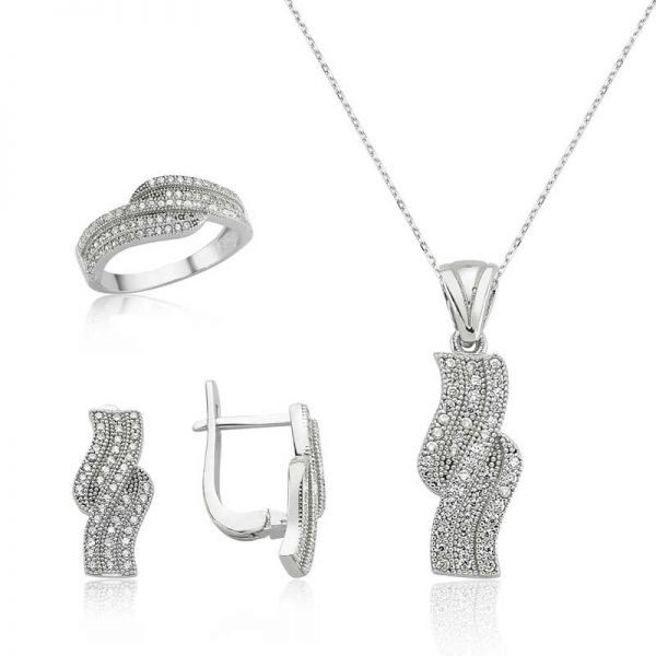Gümüş Beyaz Taşlı Bayan Set