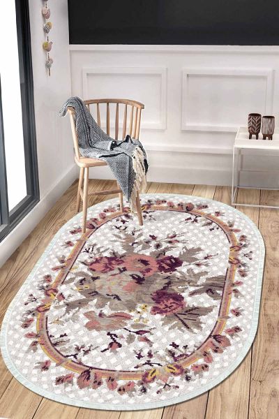 Birkilim Oval Yıkanabilir İpeksi Kaymaz Taban Dekoratif Halı | MLN-IP-O-HT-451