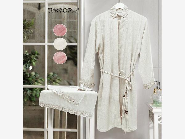 Bambu Dantelli Viktoria Bayan Bornoz Seti Krem