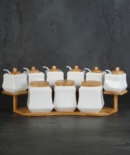 Acar Mutfak | Bambu Standlı 9'Lu Beyaz Baharat Set