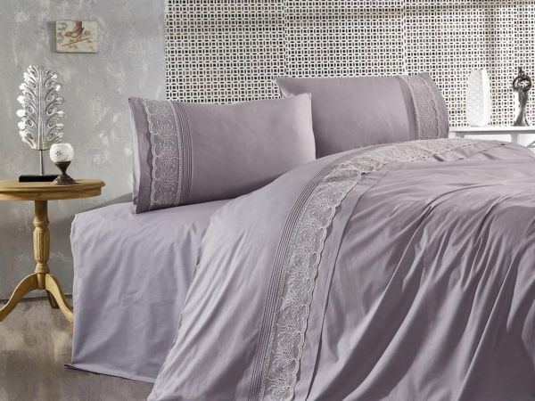 Ensemble de housse de couette double en guipure française Gönül Garden Gris