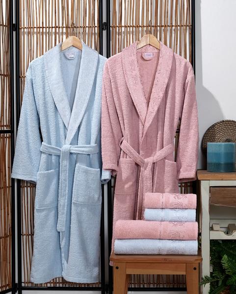 Soley Verda Jakarlı Aile Bornoz Seti Mavi-Pudra