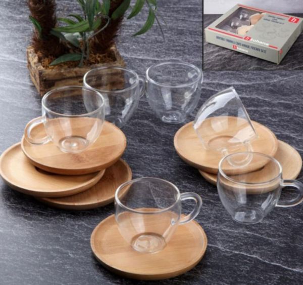 Tohana Bambu Tabaklı Cam Kahve Fincanı Seti THN99006