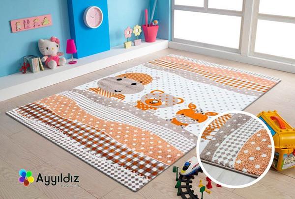 Ayyıldız Kids Vogelmotiv Çocuk Halısı 100% PP Frise 11mm 2500 gr | Kahverengi - Turuncu | 530Beige