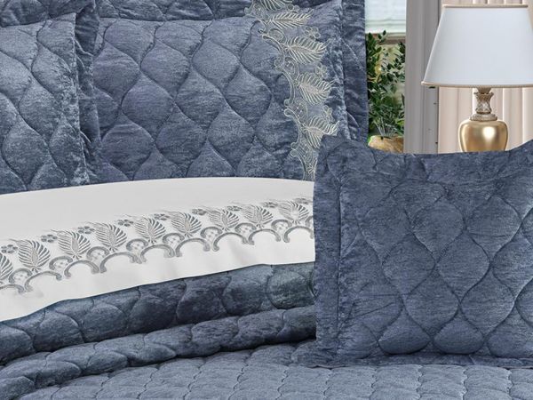 Mimoza Kadife Çift Kişilik Nevresimli Yatak Örtüsü Antrasit