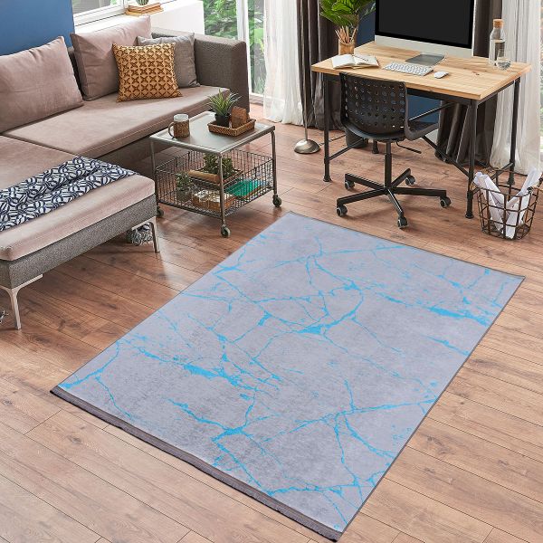 Siela | Mermer Desenli | Yıkanabilen Halı | Mavi | 1712-Blue