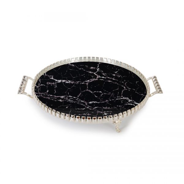 صينية دائرية من الرخام الأسود مقاس 26 سم | SILK-PRH060