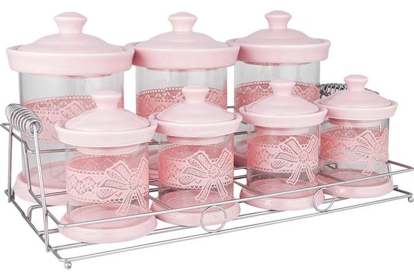 Almina | 15 Parça Baharatlık 7'li Cam Porselen | AL-2966-Pembe