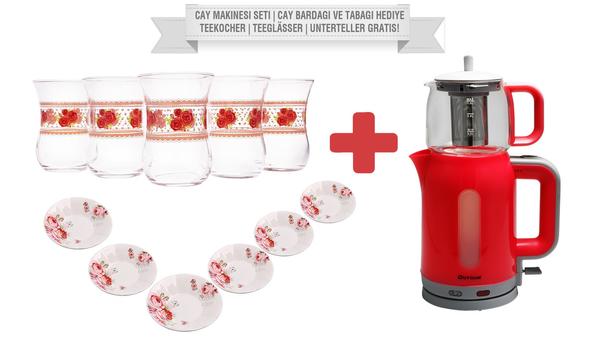 Duygu Elektrikli Çay Makinesi Papatya | 2200W | Kırmızı & 6'lı Çay Bardak ve Tabak Seti Hediyeli !