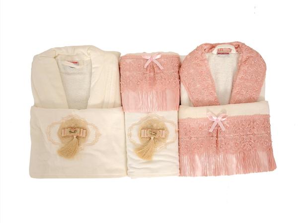 Şehzade Kadife Piliseli Çeyizlik Bornoz Seti Krem - Pudra