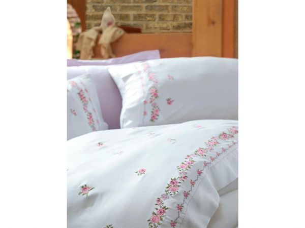 Ensemble Housse de Couette Satin de Coton Broderie Tamaris Prune Crème