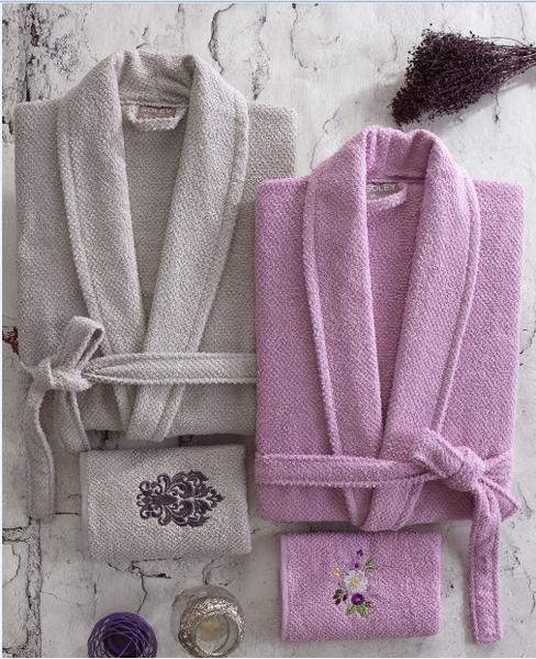 Soley Julie 4 Parça Nakışlı Aile Bornoz Seti Açık Gri - Lila