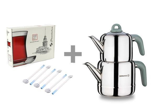 Korkmaz Hera Çaydanlık Takımı & 6'lı Cam Kaşık Seti & Üsküdar Çay Bardak Seti Hediyeli !