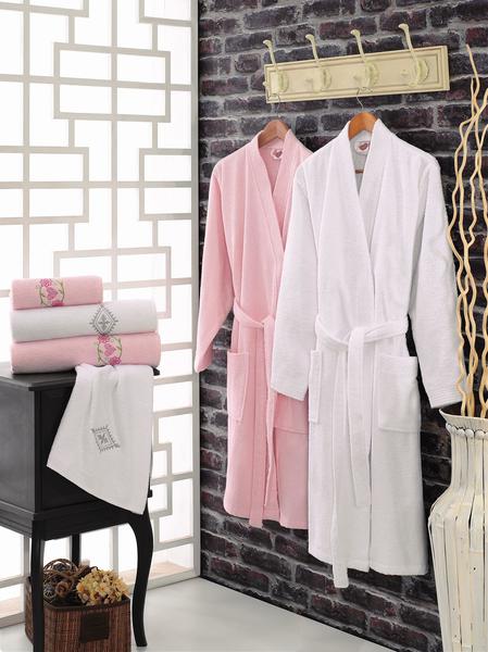 Cotton Box Aile Bornoz Setı Nakıslı Pembe-Beyaz | Cotton Box