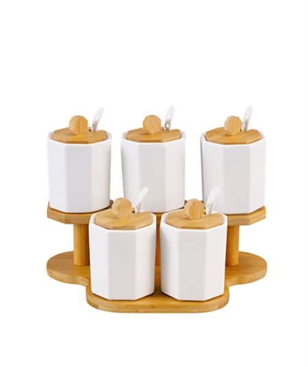 Bambu Kapaklı Porselen 5Li Baharat Takımı