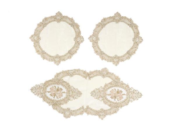 Fransız Güpürlü Şönil Elit Yatak Odası Takımı 3 Parça Ekru Gold