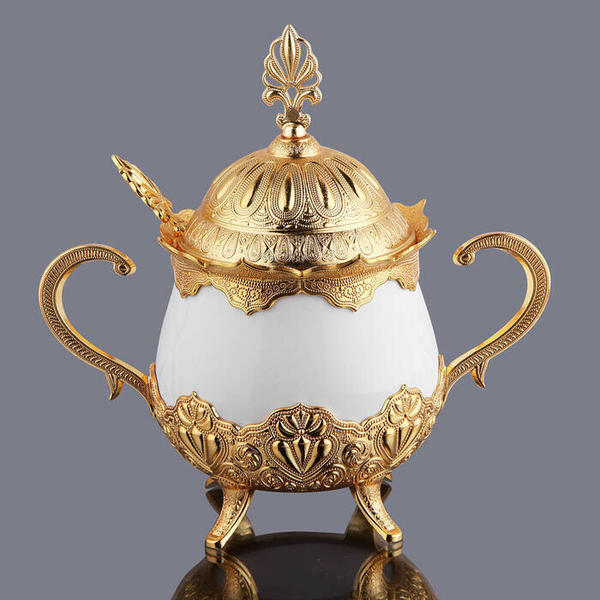 Luxury Porcelain Sugar Bowl with Lid and Spoon Silver Gold