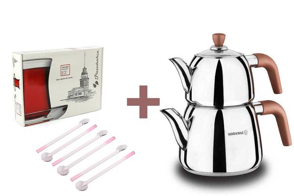 Korkmaz Vita Çaydanlık & 6'lı Cam Kaşık Seti & Üsküdar Çay Bardak Seti Hediyeli !