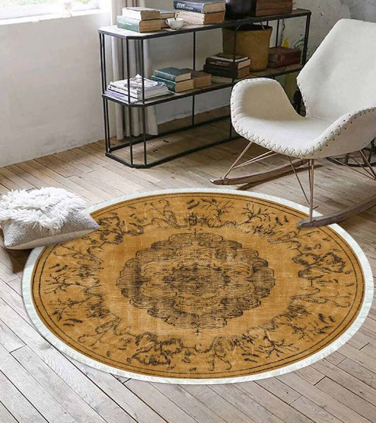بيركيليم سجادة دائرية قابلة للغسل مزخرفة بقاعدة حريرية غير قابلة للانزلاق | MLN-IP-YU-HT-149