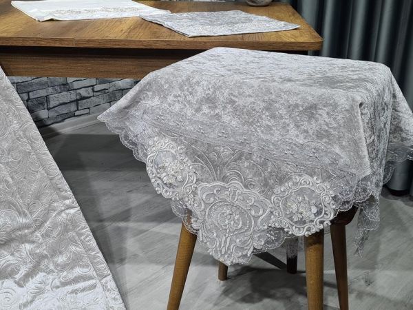 Çeyiz Diyarı Fransız Güpürlü Nesli Kadife 4 Lü Bohça Seti Gri