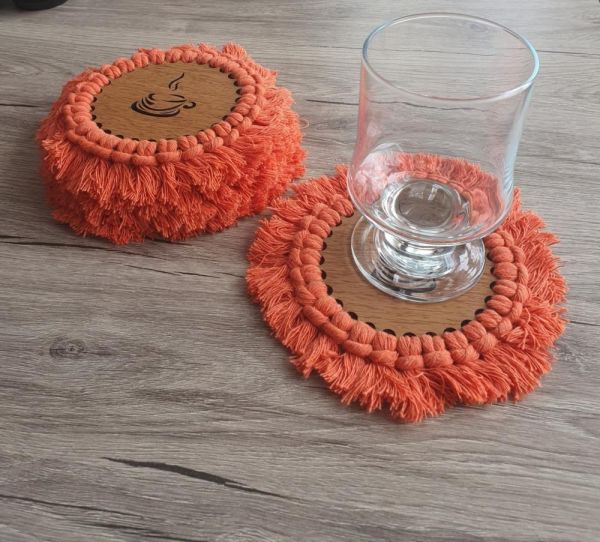 Alper Home 6 Pieces Tea Coffee Coasters Tasseled Orange