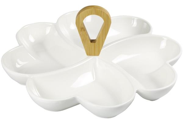 Almina Porselen 4 Bölmeli Servis Kasesi | Bambu Kulplu | 30cm | Beyaz