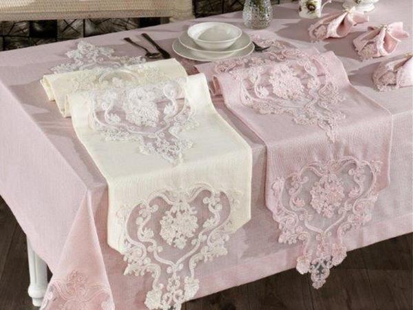 Fransız Güpürlü Ebru Masa Örtüsü Takımı 26 Parça 2 Renk
