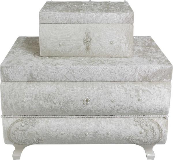 Dekonaz 2'li İnci Süslemeli Çiçek Desenli Çeyiz Sandığı | Beyaz | Dt-0003-c