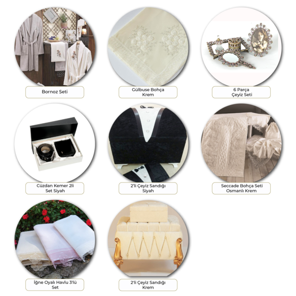 Sandıklı 8 Parça Çeyiz Seti | Sandık-Bohça-Havlu-Bornoz-Seccade