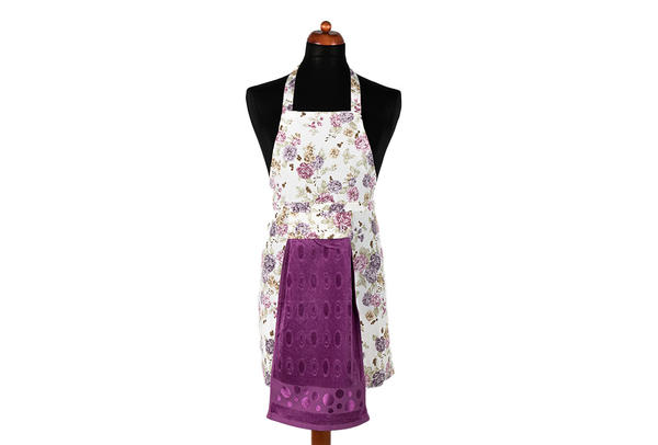 Dekonaz Çiçek Desenli Mutfak Önlüğü | Mor Havlu ve El Bezi Hediyeli | 73cm x 59cm