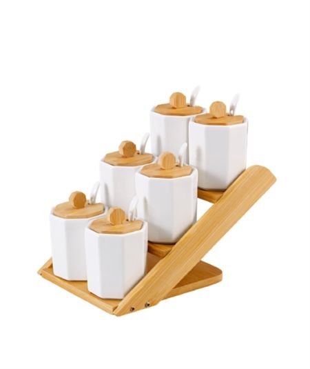 Bambu Kapaklı Porselen 6Lı Baharat Takımı