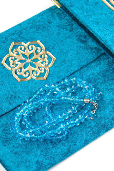 Kadife Kaplı Yasin Kitabı - Çanta Boy - İsme Özel Plakalı - Tesbihli - Keseli - Kutulu - Petrol Renk