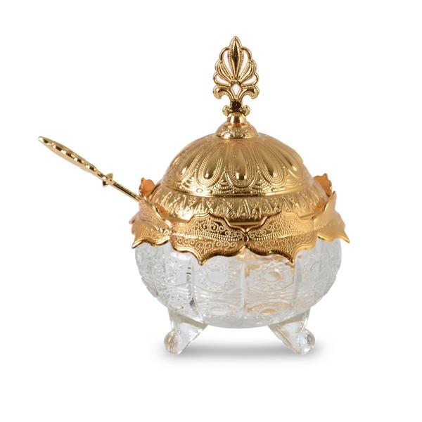 İpek | Cam Kapaklı Kaşıklı Altın Şekerlik