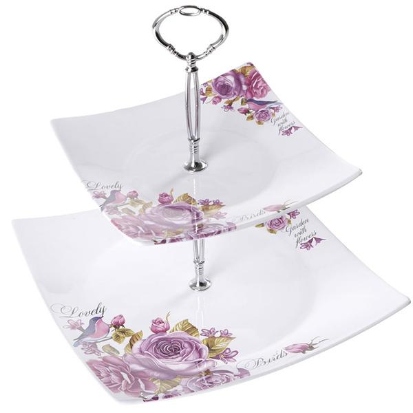 2 Katlı Etajer Porselen Seramik Kalpli Güller Desenli