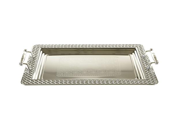 Almina Köşeli Tepsi Seti | 2 Parça | Gümüş | Çiçek Desen Kulplu | AL-8754-1