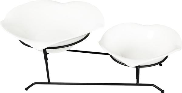 Duygu Metal Standlı 2'li Yaprak Tasarımlı Porselen Çerez - Kahvaltı Seti | Beyaz