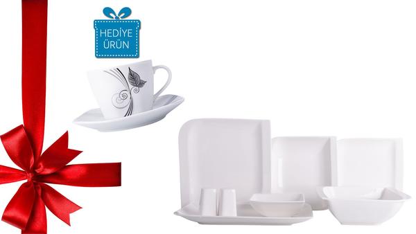 Duygu 28 Parça 6 Kişilik Kare Yemek Takımı & Bavary 6'lı Türk Kahve Fincan Seti Hediyeli