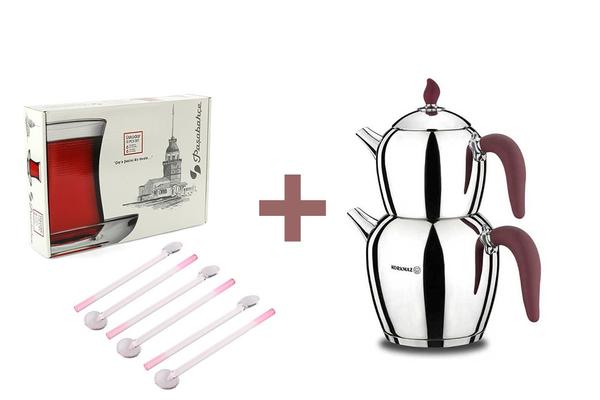 Korkmaz Şehnaz Çaydanlık Takımı | Paslanmaz Çelik | Bordo | A215-01