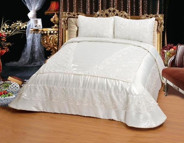 Saten Yatak Örtüsü Seti Yağmur Çift Kişilik Beyaz