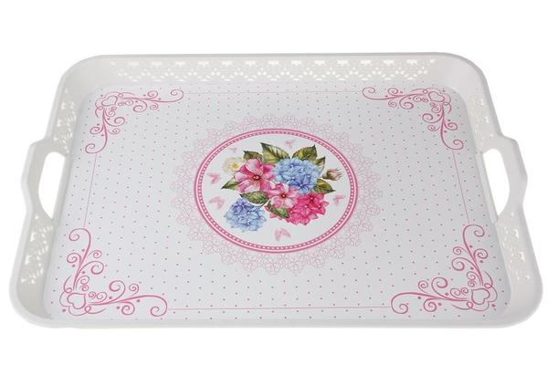 Dekonaz Servis Tepsisi Çiçekli Kelebek Beyaz 52x38 cm