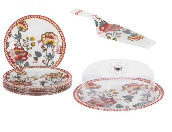 Tantitoni | Kanaviçe Desenli Yuvarlak Beyaz Cam Pasta Servis Seti 9 Parça