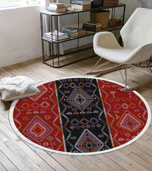 بيركيليم سجادة دائرية قابلة للغسل مزخرفة بقاعدة حريرية غير قابلة للانزلاق | MLN-IP-YU-SD-375