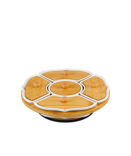 Acar Küche | Fünf Porzellan-Frühstücksset mit Bambustablett