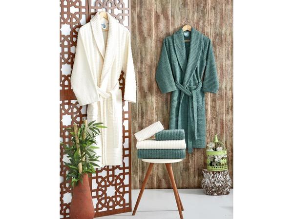 Sıla Lux Family Bathrobe Set Petrol Cream