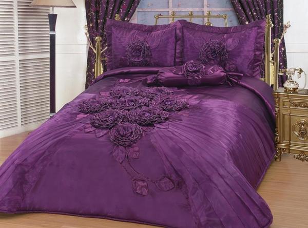 Saten Yatak Örtüsü Seti Hülya Çift Kişilik Mor