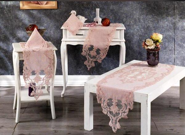 Ensemble de salon 5 pièces en dentelle française Belenay - Poudre