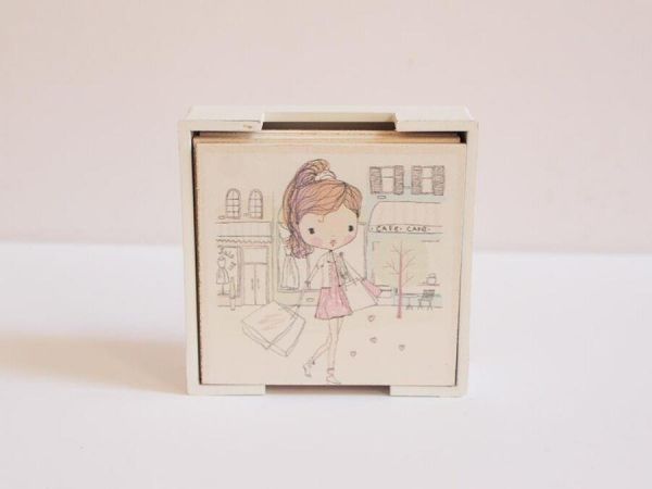 Standlı Ahşap Bardak Altlığı 6lı Set Cute Girl