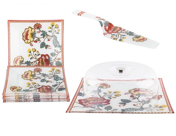 004-01- GLASS WHITE CROSS PATTERNED SQUARE 9 PIECE CAKE SERVICE SET