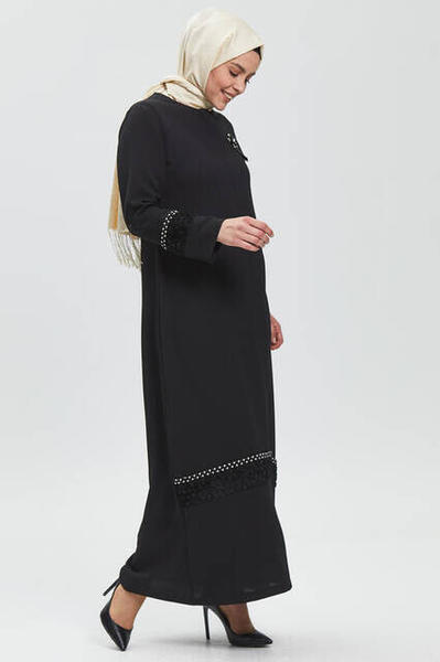 Derin Siyah Sıra Güllü Ferace 9124-20